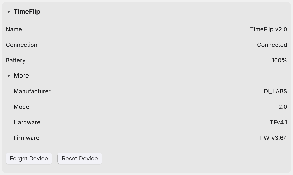 The TimeFlip panel with More opened, showing Manufacturer DI_LABS, Model 2.0, Hardware TFv4.1 and Firmware FW_v3.64 above the Forget Device and Reset Device buttons.