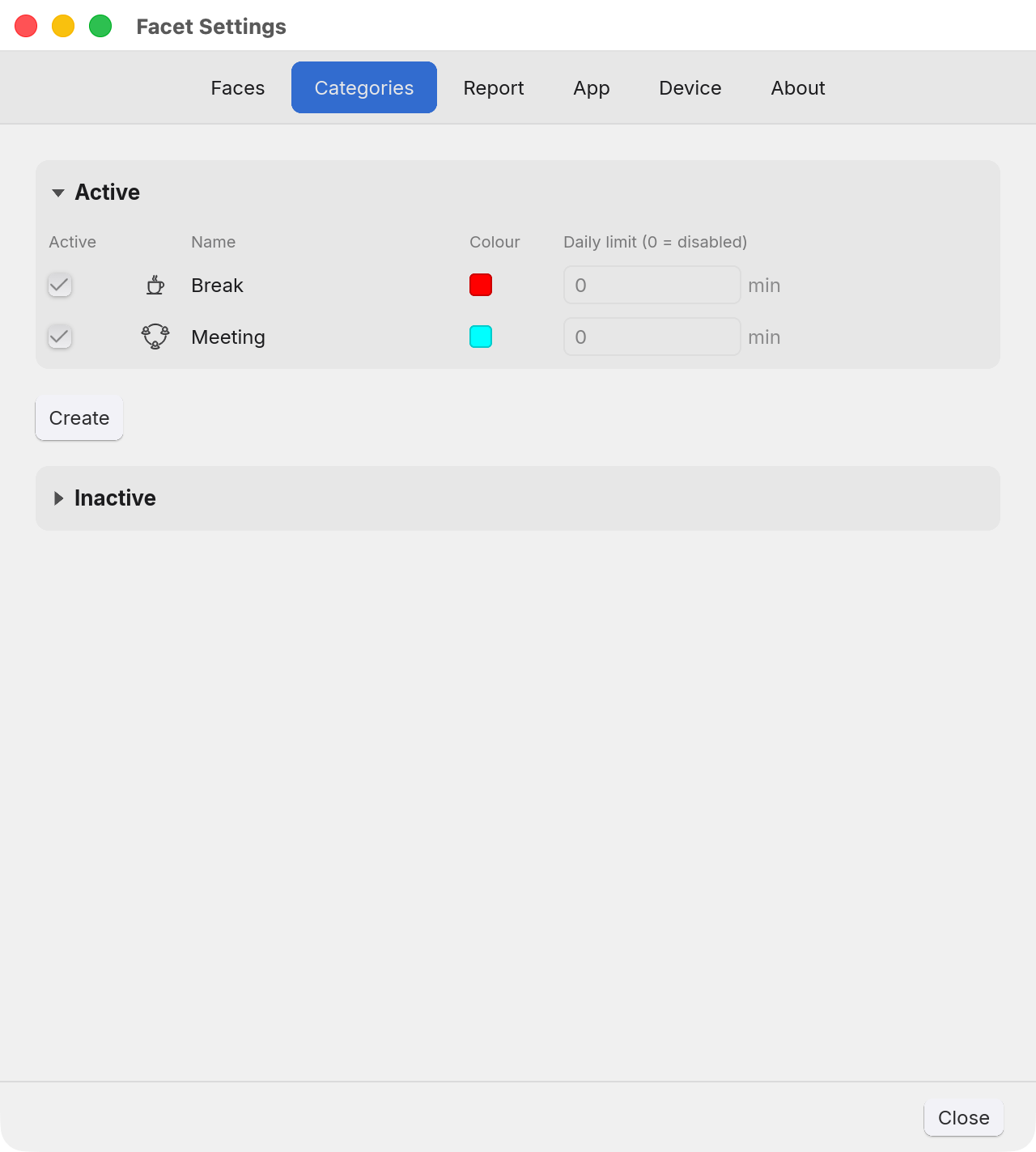 The Facet Settings window on the Categories tab: an Active panel listing Break and Meeting, each with a greyed tick box, an icon, the name, a colour swatch and a daily limit reading 0 min, a Create button under it, and a folded Inactive panel below.